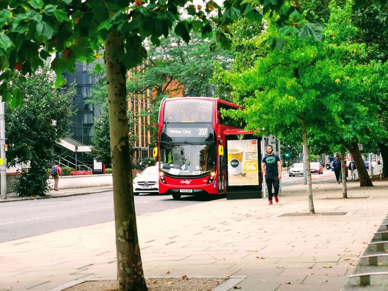 A red double-decker bus on a tree-lined London street