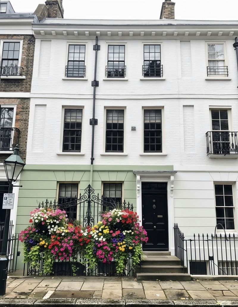 A white Georgian townhouse with flower boxes and black railings in London